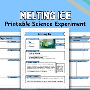 May include: Printable science experiment worksheet for kids to learn about melting ice. The worksheet includes sections for questions, hypothesis, observations, conclusions, materials, instructions, why it works, take it further, vocabulary, three things learned, pictures of the experiment, and one question I have. The worksheet has a blue and white snowflake design.