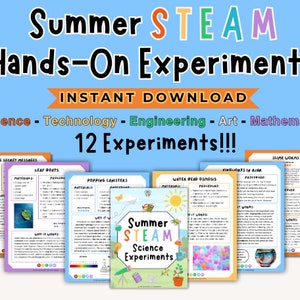 May include: A colorful printable pack of 12 summer STEAM science experiments for kids. The pack includes activities like painting secret messages, leaf boats, popping canisters, water bead osmosis, fireworks in agar, and slime worms. The pack is an instant download.