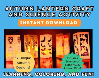 May include: An autumn lantern craft and science activity set featuring 12 unique designs. The image displays five illuminated paper lanterns decorated with owls, pumpkins, leaves, bats, and ghosts, alongside text including "Learning, Coloring, and Fun!"