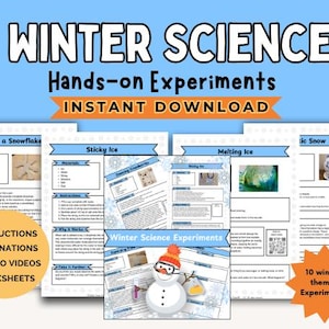May include: A printable set of 10 winter-themed science experiments for kids. The set includes instructions, explanations, how-to videos, and worksheets. The experiments include growing a snowflake, sticky ice, melting ice, and static snow.