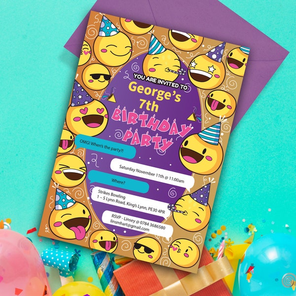 Emoji party invitation, Evite, Birthday Invitation Template, Editable Printable Download. Unique design.