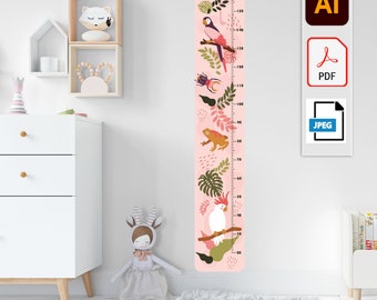 Tropical height chart, Kids Height Chart, Growth Chart digital print, Unique pink jungle children's height chart,