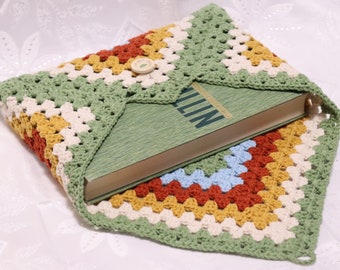 Handmade Crochet Bookcover - Green and Red Cotton Book Sleeve with Button