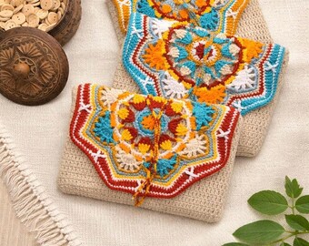 Crochet Book Sleeve with Persian Motif Flap - Protective Pouch, Ethnic Crochet Cover