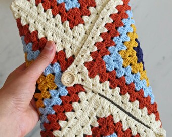 Crochet Bookcover - Beige and Red Cotton with Button - Granny Square Motifs E - Reader Sleeve