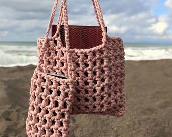 Handmade Dusty Rose Crochet Bag Set | Boho Top Handle with Phone Case