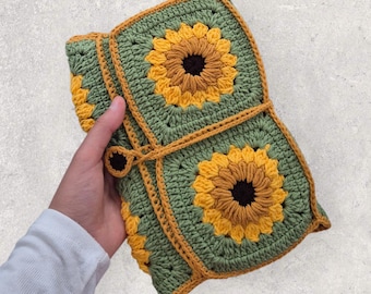 Sunflower Crochet Book Cover with Tie, Flower Tablet & E Reader Sleeve