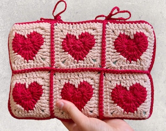 Crochet Heart Motif Book Cover with Ribbon Tie – Handmade Pink and Red Crochet Book Sleeve