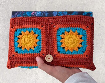 Sunny Motifs Crochet Book Sleeve with Button, Book Protector, Red & Orange