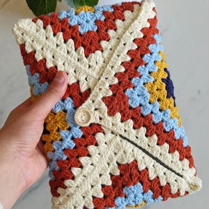 Handmade Crochet Bookcover - Beige and Red Cotton Book Sleeve with Button