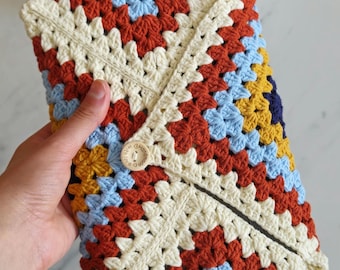 Crochet Book Sleeve -  Beige and Red Cotton with Button -  Granny Square Motifs E - Reader & Tablet Cover