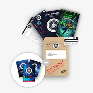 May include: A brown envelope labelled "Top Secret" with a warning that it contains top secret information. The envelope contains a blue and black booklet with the title "Children's Spy Agency" and a blue and black notebook with the title "C.S.A. Spy Training Manual".