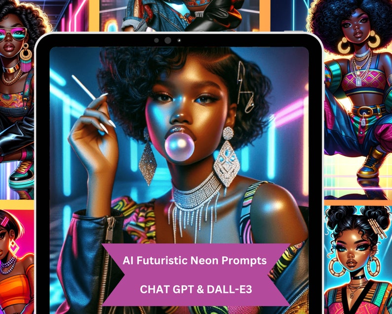 May include: A digital illustration of a woman with dark skin, wearing a colorful patterned shirt, a silver necklace, and large silver earrings. She is blowing a bubble with a pink bubble gum. The background is a neon blue and pink color scheme with the text "AI Futuristic Neon Prompts CHAT GPT & DALL-E3".