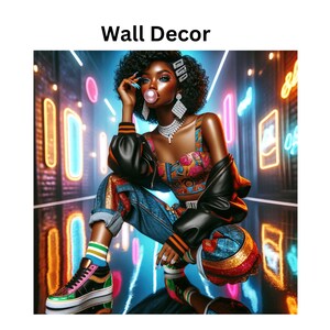 May include: A woman with dark curly hair wears a black leather jacket, a colorful crop top, and blue jeans. She is blowing a bubble with pink bubble gum. The background is a neon-lit city scene.