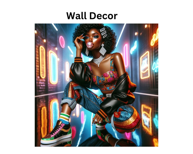 May include: A woman with dark curly hair wears a black leather jacket, a colorful crop top, and blue jeans. She is blowing a bubble with pink bubble gum. The background is a neon-lit city scene.