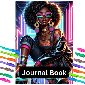 May include: A colorful journal book cover featuring a digital illustration of a woman with dark curly hair wearing a black leather jacket, a colorful top, and sunglasses. The background is a neon pink and blue color scheme.