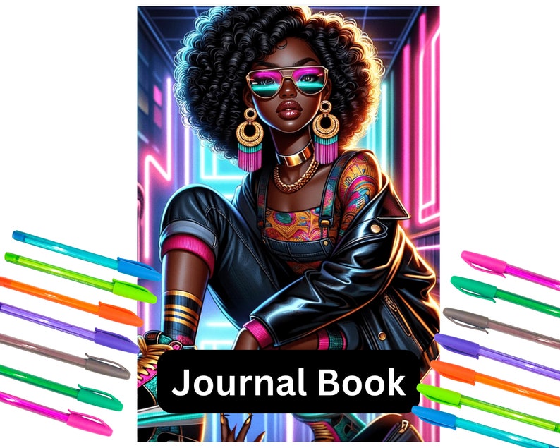 May include: A colorful journal book cover featuring a digital illustration of a woman with dark curly hair wearing a black leather jacket, a colorful top, and sunglasses. The background is a neon pink and blue color scheme.