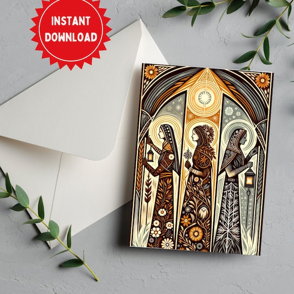 Warmth Returns - Imbolc Sabbat Card | Digital Lino Cut Style | Brigid and Cailleach Art | Pagan & Witchy