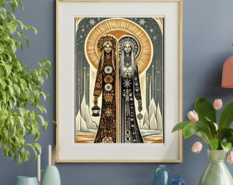 Brigid and Cailleach Matte Poster | Pagan Sabbat Art | Digital Lino Cut Style | Pagan Art | Witchy Decor | Celtic Art | Gaelic Art
