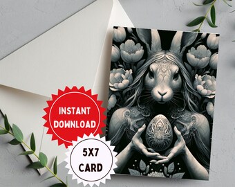 Enigmatic Hare Maiden - Mystical Ostara Printable Card - Pagan Greeting - Witch Greeting Cards