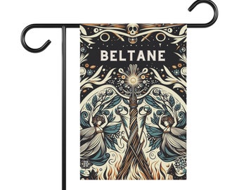 Blessed Beltane Garden Flag | Faeries, Maypole & Bonfire | Unique Pagan Witch Decor | May Day | Fire Festival