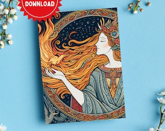 Brigid's Flame - Sabbat Card | Whimsical Illustration | Pagan & Witchy Art | Digital Download | Altar Card