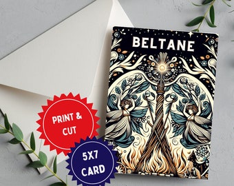 Printable Card for Beltane - Pagan Greeting Card - May Day Faery Bonfire - Maypole Art - Witchy Digital Gift - Witchy Altar Decor