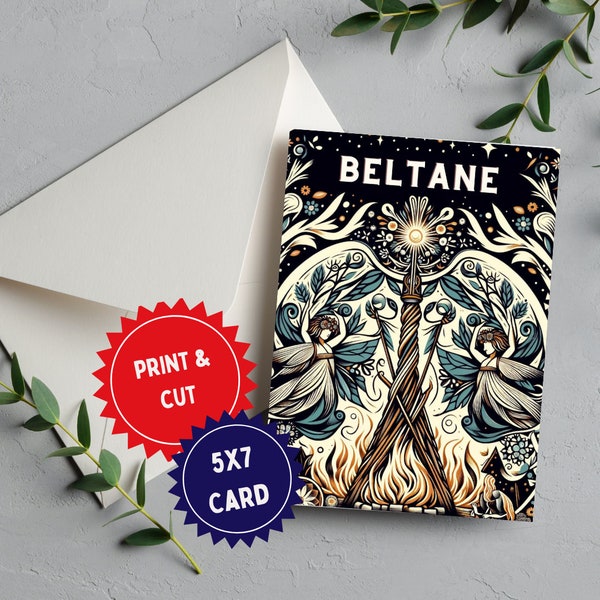 Printable Card for Beltane - Pagan Greeting Card - May Day Faery Bonfire - Maypole Art - Witchy Digital Gift - Witchy Altar Decor