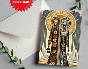 Brigid and Cailleach - Sabbat Card | Digital Lino Cut Style | Pagan Transition Art | Witchy Greeting