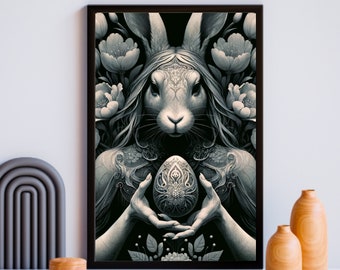 Enigmatic Hare Maiden Poster - Mystical Ostara Wall Art - Pagan Art - Witch Poster