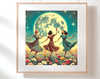 Print - Enchanted Moon Dance -  Vintage-Inspired Art Print of Joyful Women Celebrating Lunar Mystique