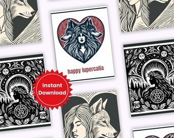 Witches & Wolves Valentines - Pagan Art Cards - Lupercalia - Digital Download (Six 3.25'x4' cards on 1 page) - Witchy Valentine