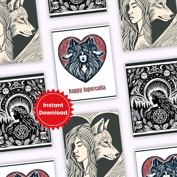 Witches & Wolves Valentines - Pagan Art Cards - Lupercalia - Digital Download (Six 3.25'x4' cards on 1 page) - Witchy Valentine