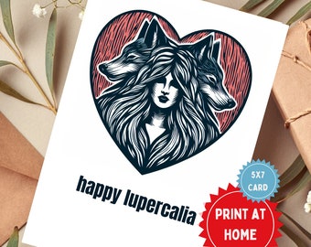 Witchy Wolves Embrace - Printable Pagan Valentine Card, Linocut Style Digital Art