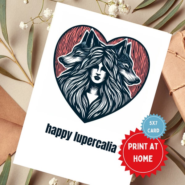 Witchy Wolves Embrace - Printable Pagan Valentine Card, Linocut Style Digital Art