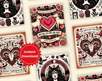 Lupercalia Valentines - Lupa & She-Wolf Art Cards, Pagan Holiday Printable, Witchy Love Notes Digital Download (Six 3.25'x4' cards per page)