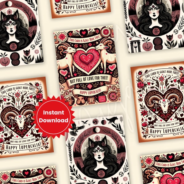 Lupercalia Valentines - Lupa & She-Wolf Art Cards, Pagan Holiday Printable, Witchy Love Notes Digital Download (Six 3.25'x4' cards per page)