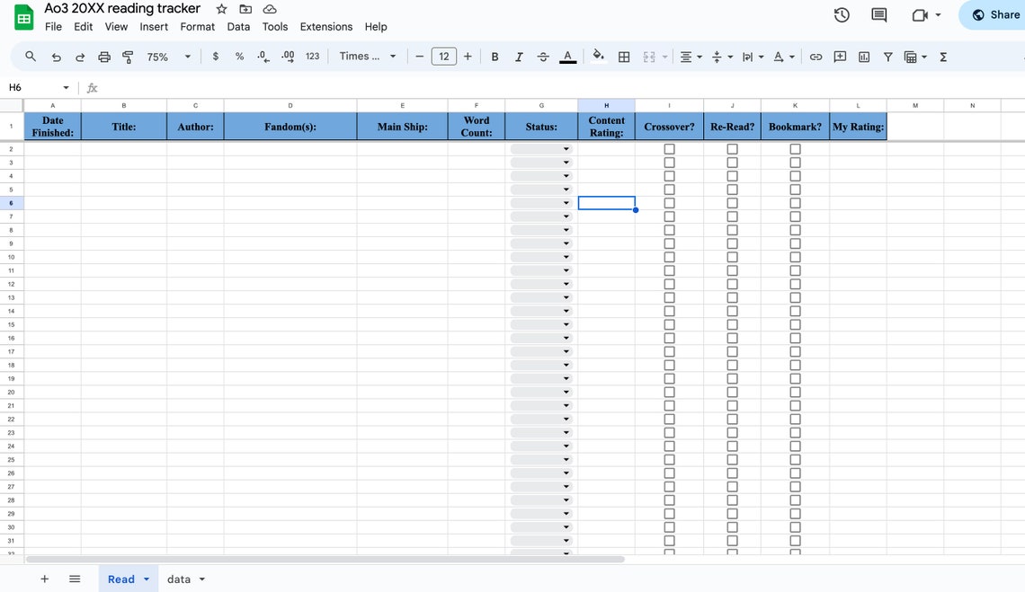Reading Tracker Spreadsheet Ao3 Version Etsy UK
