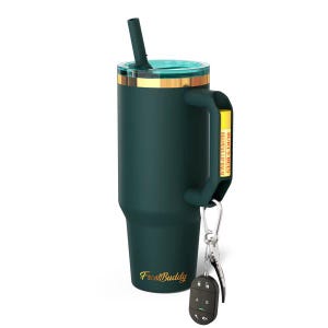 May include: A dark teal insulated tumbler with a handle, gold accents, and a teal lid. The tumbler has a straw and the words "FrostBuddy" in gold script. A key fob and keys are attached to the handle.