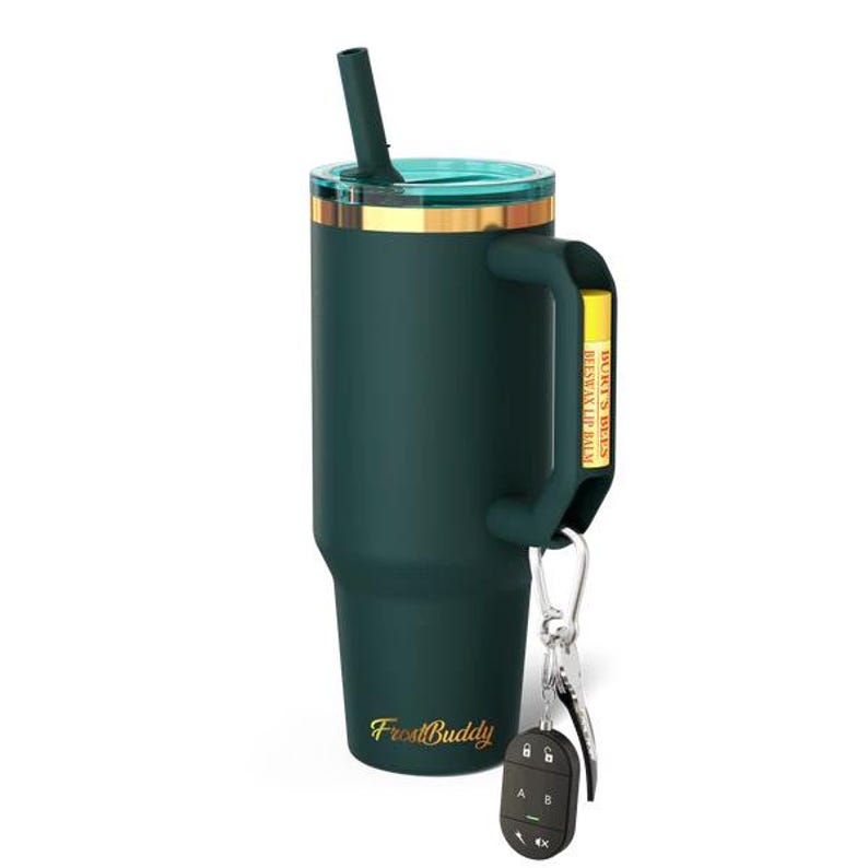 May include: A dark teal insulated tumbler with a handle, gold accents, and a teal lid. The tumbler has a straw and the words "FrostBuddy" in gold script. A key fob and keys are attached to the handle.