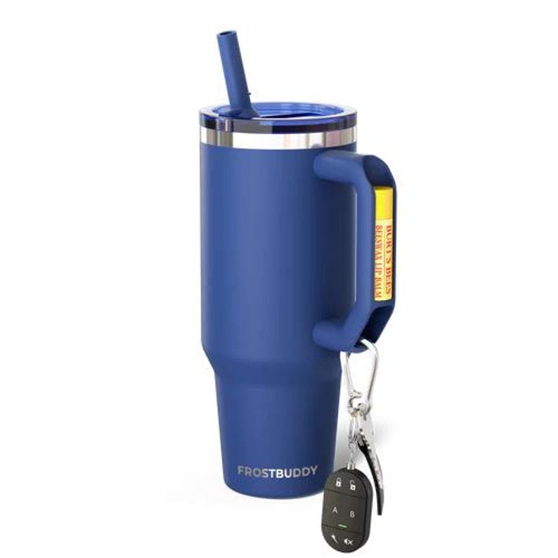 May include: A blue insulated tumbler with a handle, straw, and silver accents. The tumbler has the word "FROSTBUDDY" printed on it. A key ring with keys and a remote is attached to the handle. A yellow tag with the text "BURT'S BEES BEESWAX LIP BALM" is attached to the handle.