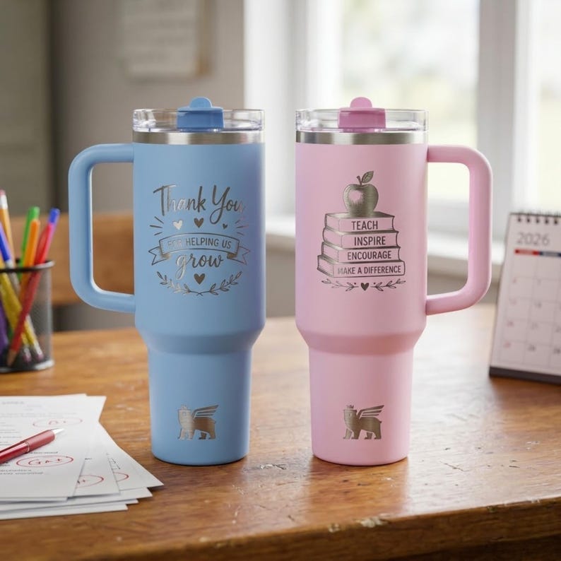 Puede incluir: Dos tazas de viaje aisladas, una azul claro y otra rosa, con asas. La taza azul dice "Gracias por ayudarnos a crecer". La taza rosa dice "Ense&ntilde;ar, Inspirar, Animar, Marcar la diferencia". Ambas tienen un logotipo plateado.