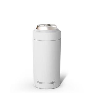 Puede incluir: Un enfriador de latas cil&iacute;ndrico en color blanco mate con un borde superior de metal plateado. El nombre de la marca Frostbuddy est&aacute; impreso en letras peque&ntilde;as de color gris oscuro sin remates cerca de la base. El exterior tiene un acabado liso.