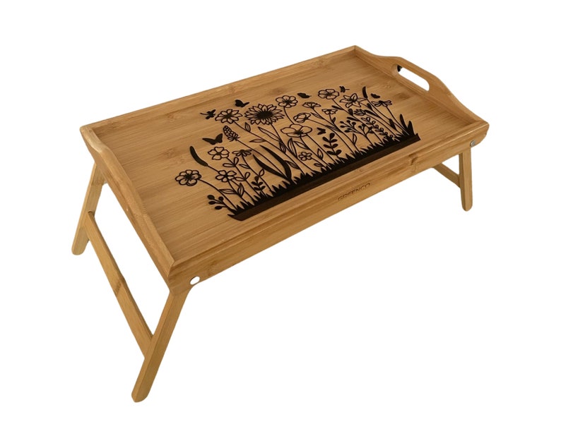 Laser Engraved Bamboo Serving Tray with Flower Art - Thumbnail 2