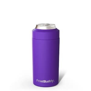 Puede incluir: Un enfriador de latas aislado de color morado con un borde superior de metal plateado. El recipiente cil&iacute;ndrico presenta el texto blanco FrostBuddy impreso cerca de la base. El dise&ntilde;o incluye una secci&oacute;n superior extra&iacute;ble y un acabado mate.