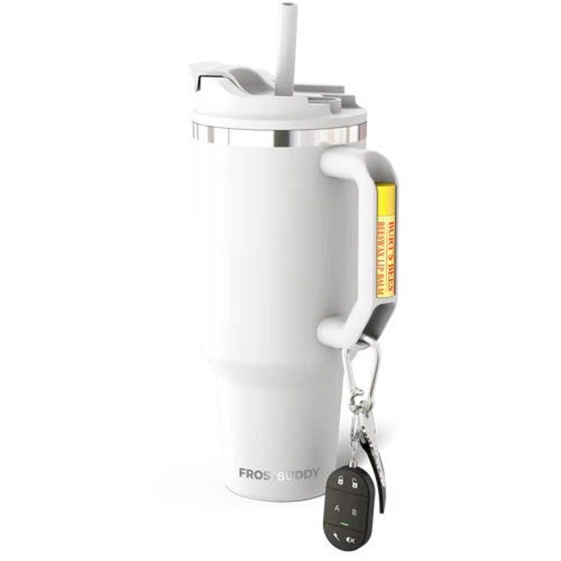 May include: White insulated tumbler with a handle, lid, and straw. A yellow tag with text hangs from the handle. A set of keys and a remote are attached to the handle with a carabiner. The tumbler has the words "FROST BUDDY" printed on the side.