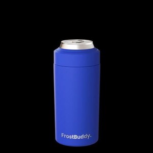 Puede incluir: Un enfriador de latas cil&iacute;ndrico de color azul con un borde superior de metal plateado. El nombre de la marca FrostBuddy est&aacute; impreso en letras blancas cerca de la parte inferior del exterior. El dispositivo est&aacute; dise&ntilde;ado para sujetar una lata.