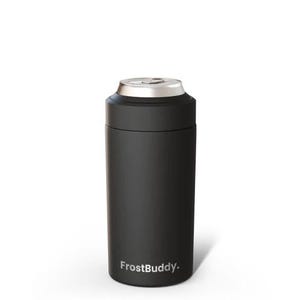 Puede incluir: Un enfriador de latas cil&iacute;ndrico de color negro mate con un borde superior de metal plateado. El nombre de la marca FrostBuddy est&aacute; impreso en letras blancas sin remates cerca de la parte inferior del exterior. El dise&ntilde;o tiene un acabado liso y s&oacute;lido.