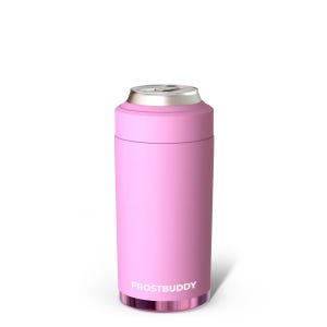 Puede incluir: Un enfriador de latas cil&iacute;ndrico de color rosa claro con un borde superior de metal plateado y una base transparente. La palabra FROSTBUDDY est&aacute; impresa en letras blancas may&uacute;sculas cerca de la parte inferior. El art&iacute;culo tiene un acabado mate liso.