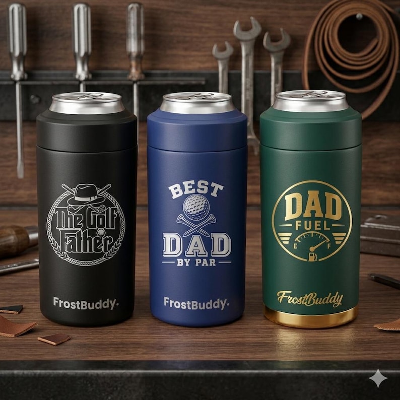 Puede incluir: Tres enfriadores de latas cil&iacute;ndricos de metal en negro, azul y verde. El enfriador negro presenta un gr&aacute;fico de sombrero y palos de golf con el texto The Golf Father. El azul muestra una pelota de golf y tees con el texto Best Dad By Par. El verde muestra un gr&aacute;fico de medidor de combustible con el texto Dad Fuel. Cada enfriador tiene el logotipo de FrostBuddy en la base.